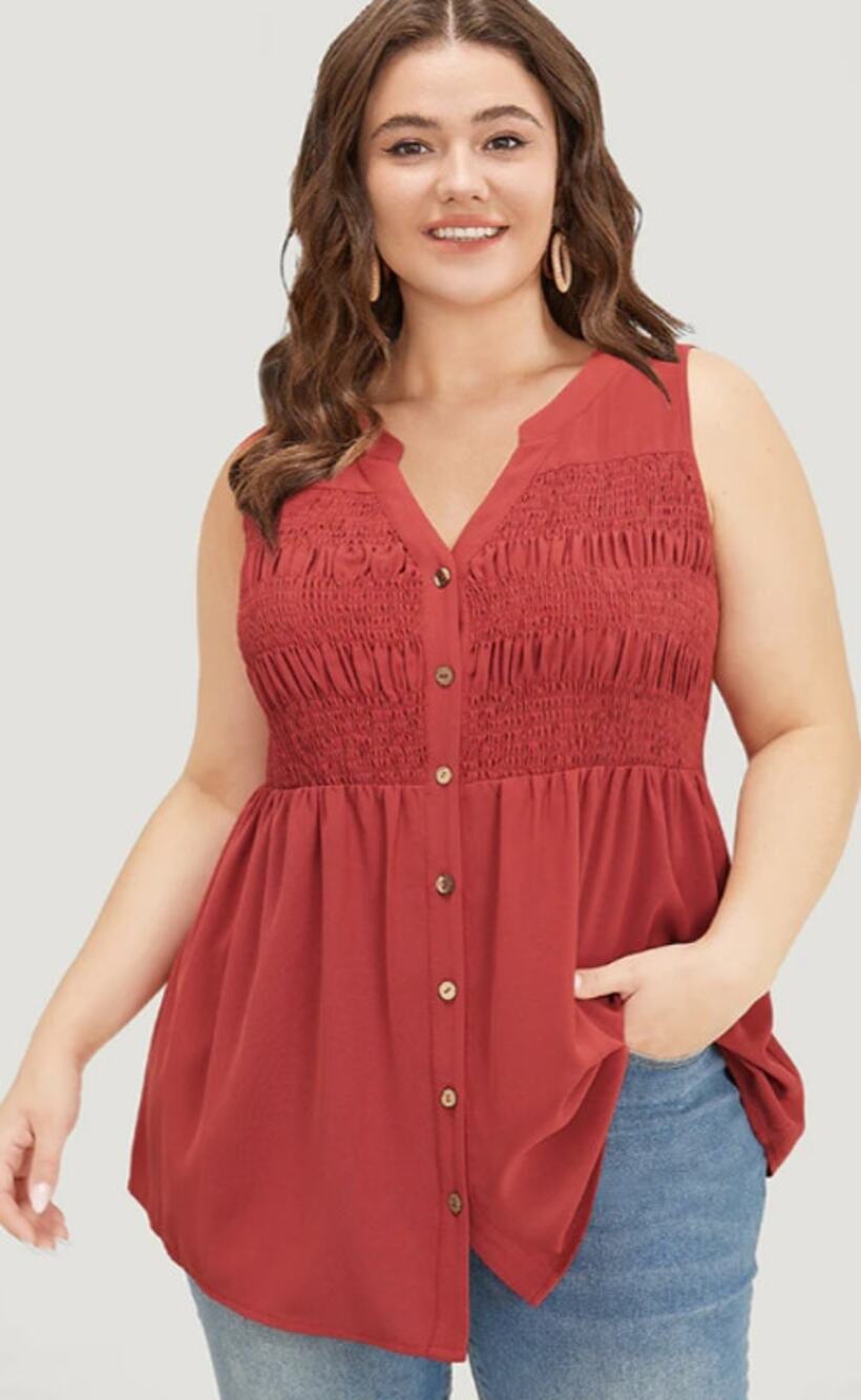 BloomChic Plain Notched Neck Shirred Tank Top, Rust, NWT, 1X
